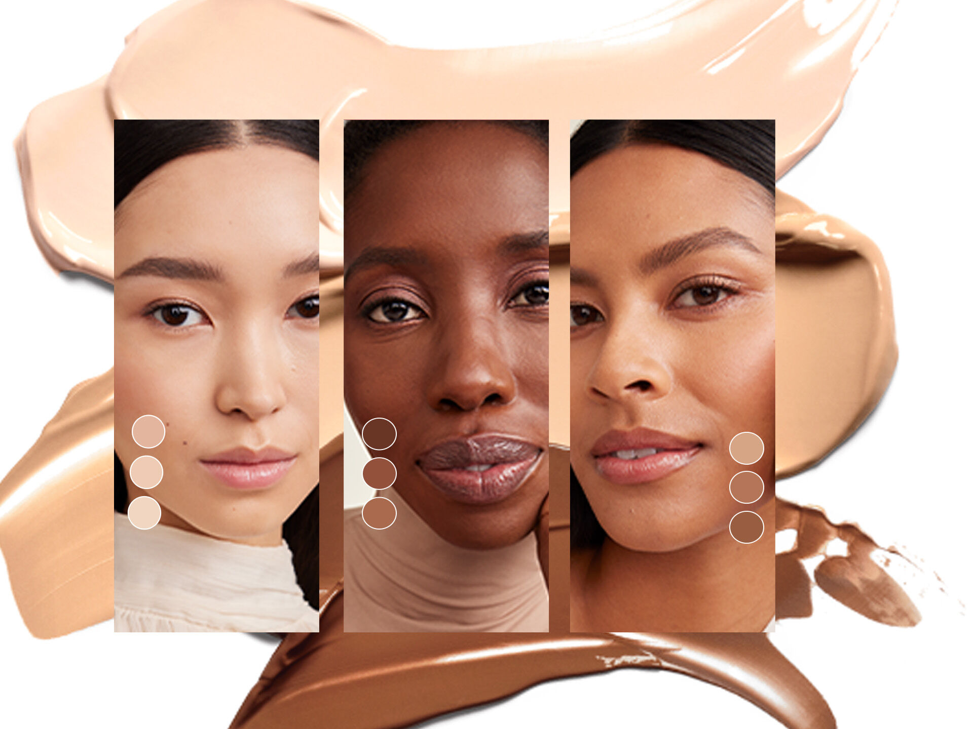 Tres mujeres usando base de maquillaje Mary Kay.